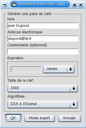 Génération de clef dans Kgpg